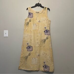 Vintage Sweet Jessie Yellow Botanical Print 100% Linen Tank Maxi Dress MP
